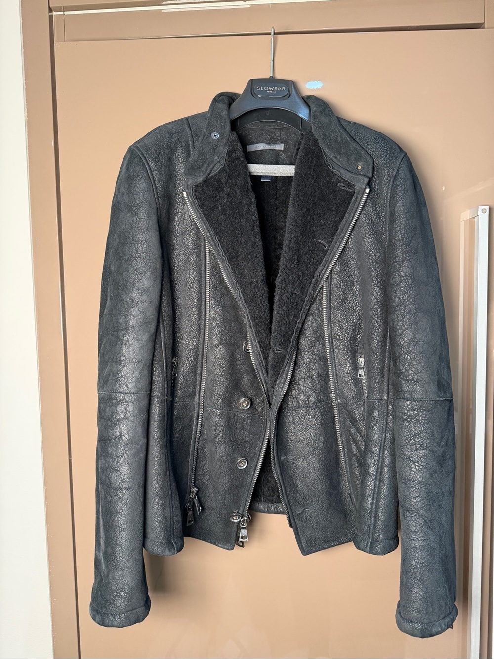 John Varvatos Collection Asymmetrical Biker Shearling Jacket - MEN EU 50/US 40